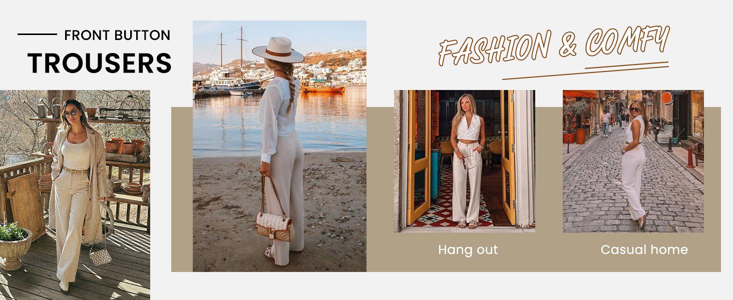 2026-2027-Women's High Waisted Wide Leg Linen Pants  Casual Button Up Cotton Trousers for Summer  Loose Comfy Beach Pants