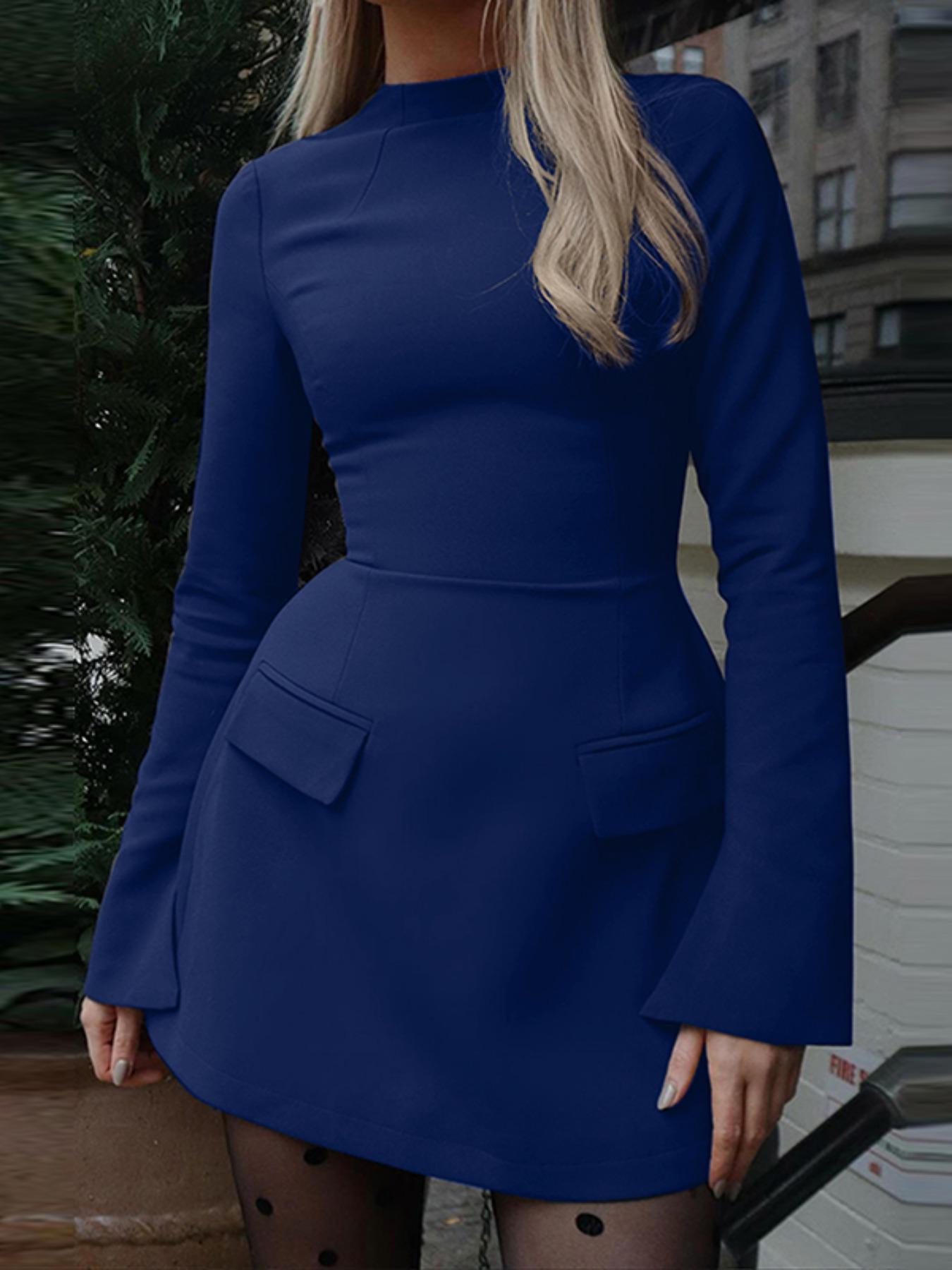 Women's Plain Split Flounce Sleeve Flap Detail A Line Dress, Elegant Chic Long Sleeve Stand Collar Short Dress for Party Holiday Wedding Guest, Ladies Spring & Fall Clothes, Fit