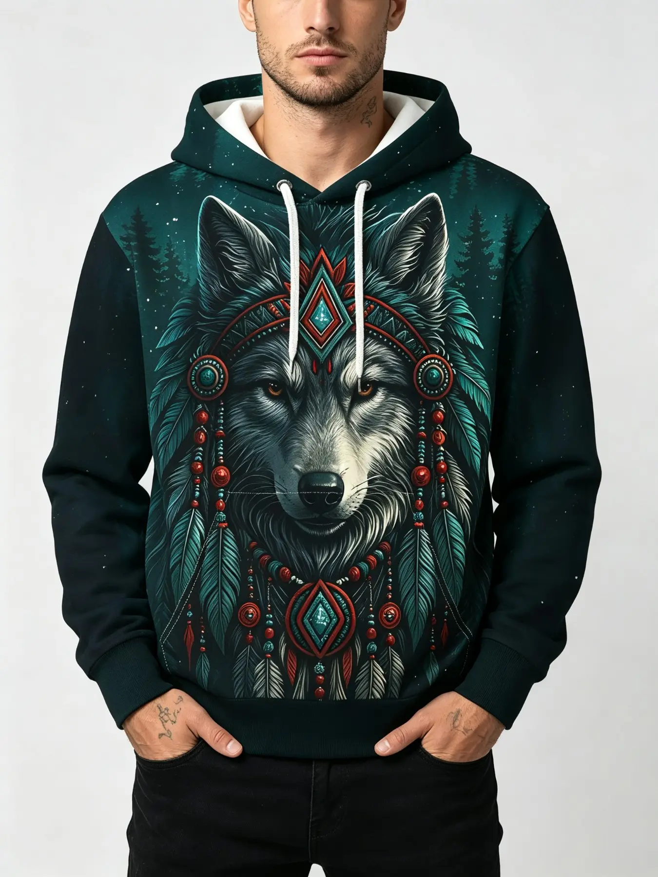 Men's Hooded Sweatshirt, Indian Ethnic Style, Feather Bead Forest Wolf Print, Loose Fit, Breathable, Outdoor Wear, Fall & Winter