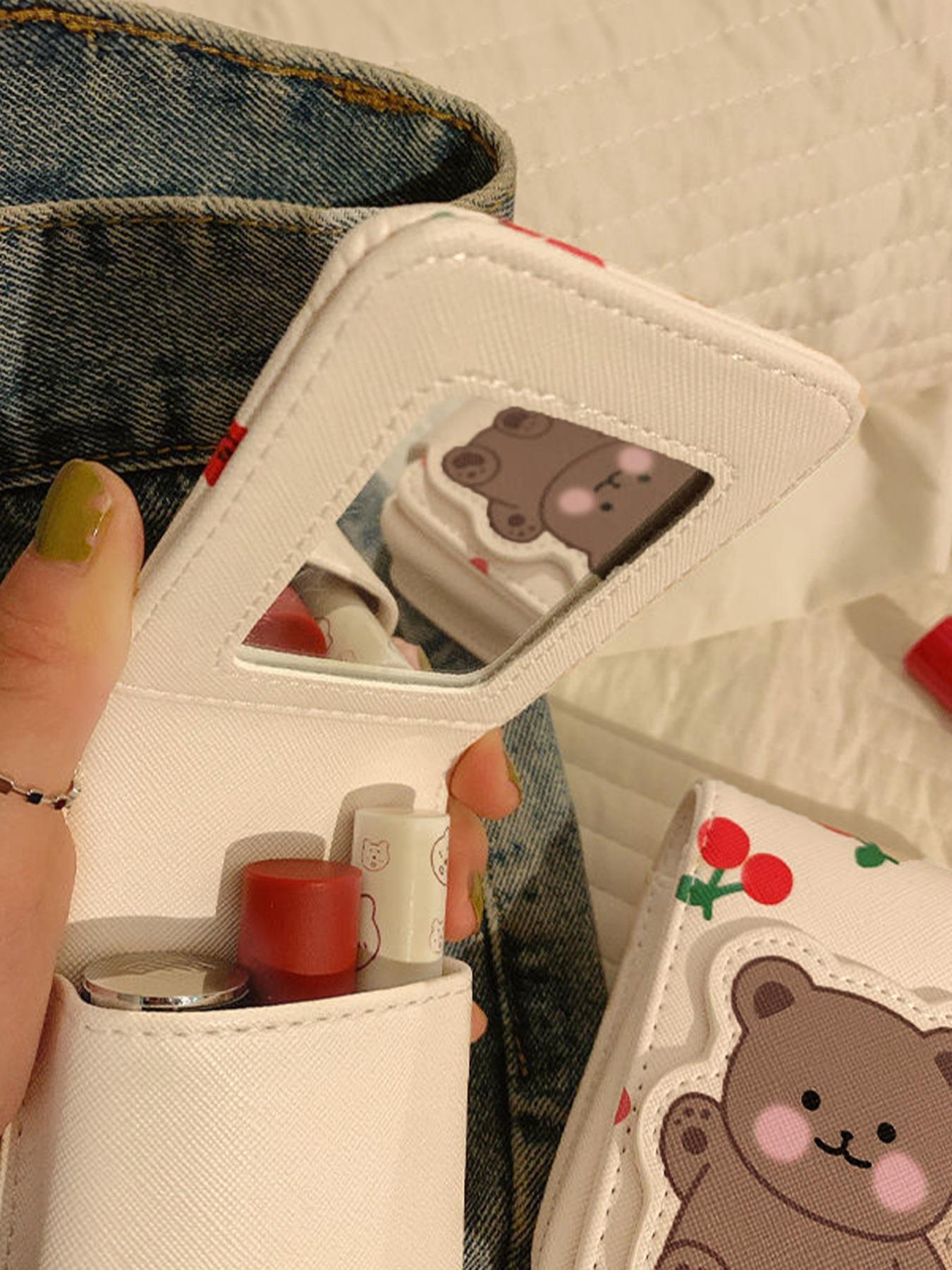 Father's Day Gifts, Cute Cartoon Bear & Cherry Pattern Makeup Bag with Mirror, Back To School, Portable Travel Makeup Bag, Cosmetic Storage Bag, Makeup Organizer Pouch for Women & Girls,