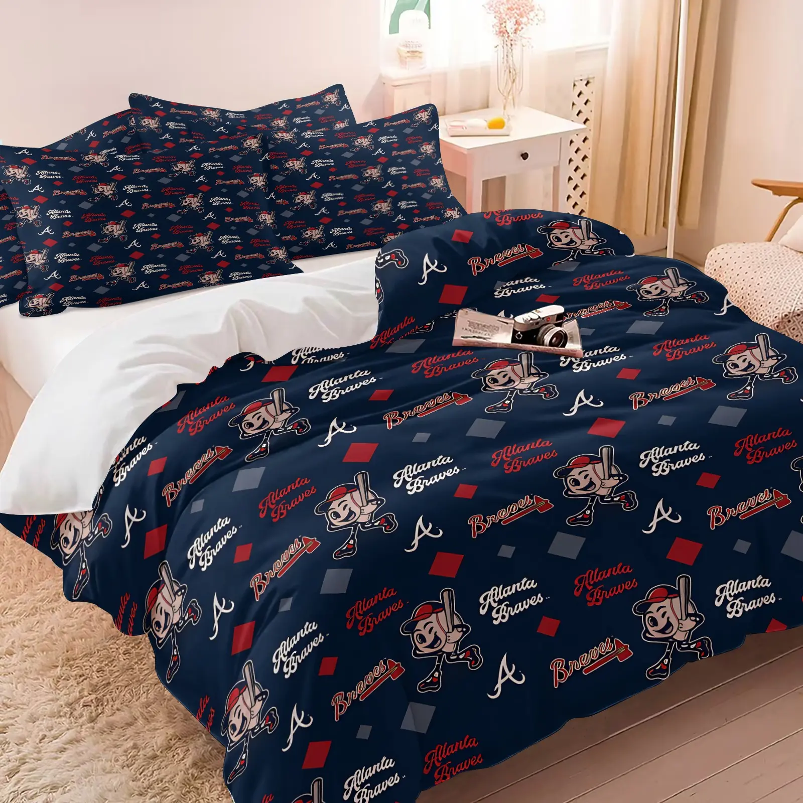 Atlanta Braves Baseball Team Duvet Cover Set, 1 Duvet Cover + 1/2 Pillowcases, Navy Blue Sporty Team Logo Printed Bedding Set, Soft Microfiber Sports Fan Bedspread for Boys & Men Bedroom Decor