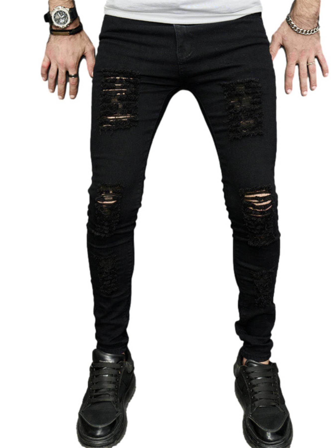 Men's Solid Ripped Slim Jeans, Distressed Jeans, Fashion Casual Comfy Denim Pants for Daily Outdoor Wear, Mens Bottoms for All Seasons