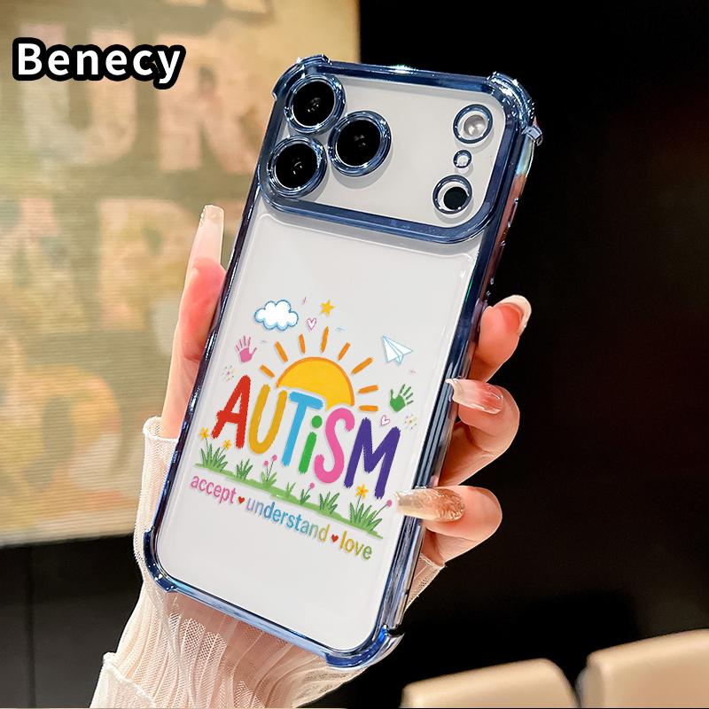 Autism Love & Understanding Pattern Phone Case for iPhone 17 Pro Max 16 15 Plus Air 14 13 12 11 E Electroplated Four-Corner Anti-Fall Protection Cellphone Cover