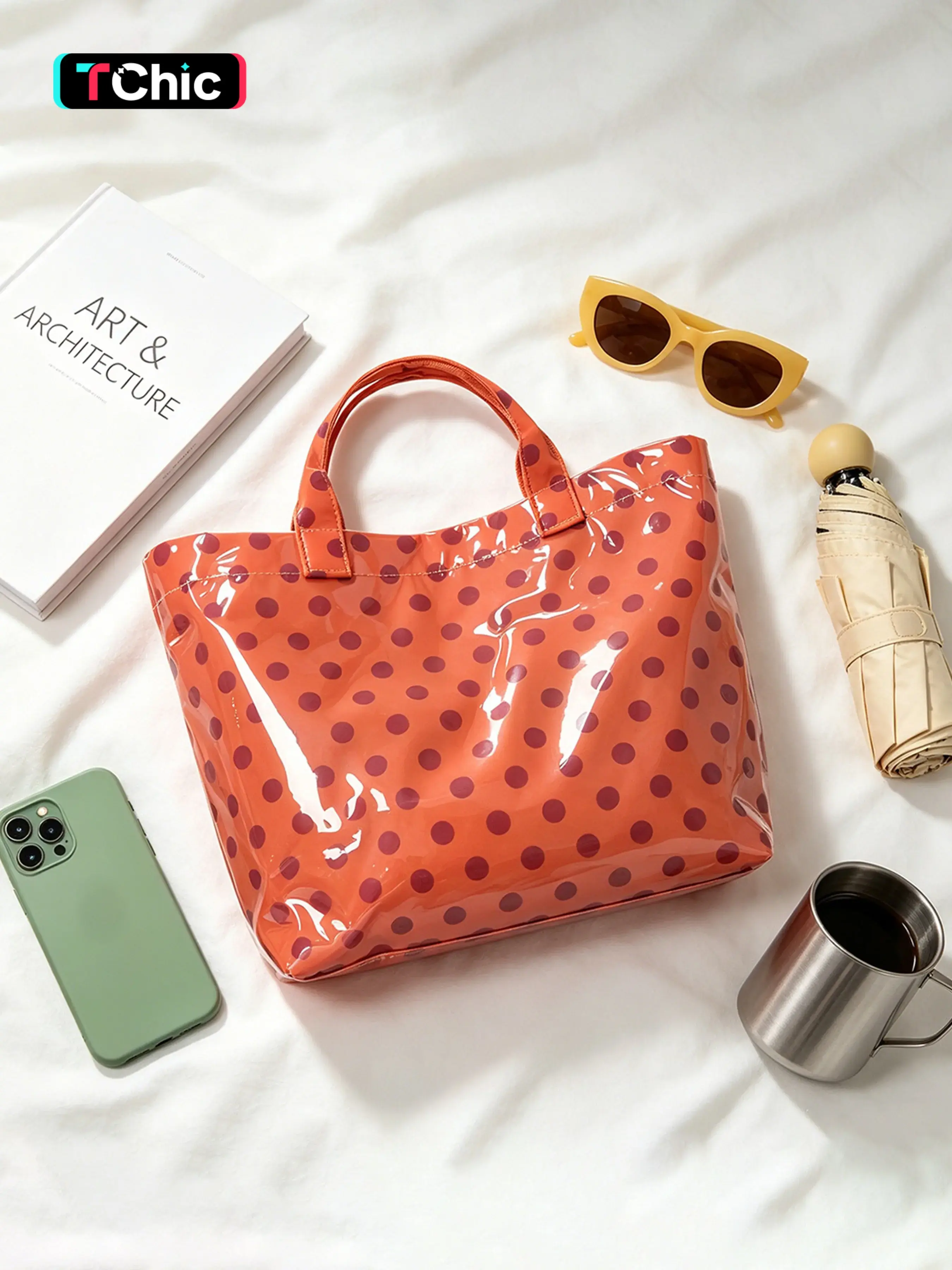 Polka Dot PVC Tote Bag Large Glossy Striped Handbags Waterproof Top Handle Bag Plastic Tote Handbag Beach Travel Work，PVC Tote Bag Women's Hobo Handbag 14L Waterproof Plastic Tote Purse