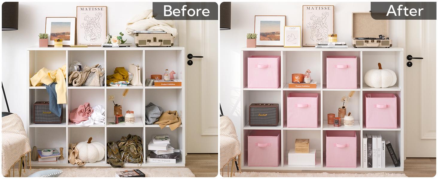Cube Storage Bins, 11 Inch 6 Pack Storage Cube Organizer, Foladble Fabric Storage Boxes with Handle, Decorative Clothing Storage Baskets for Shelves, Closet, Pink