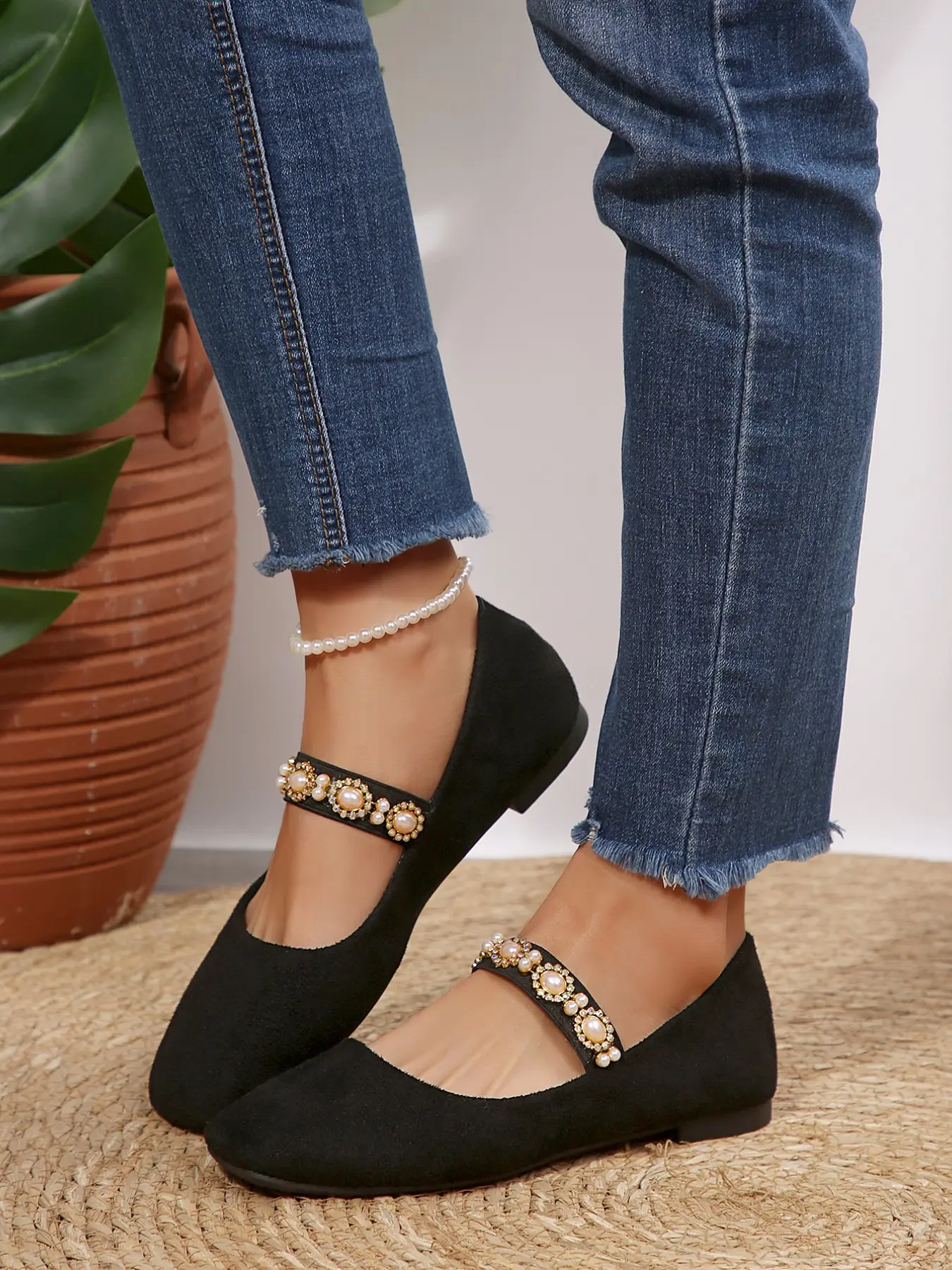 Women's Spring Summer Mary Jane Flat Shoes, Square Toe Pearl Rhinestone Strap, Soft Sole Anti-Slip Casual Low Heel Boots