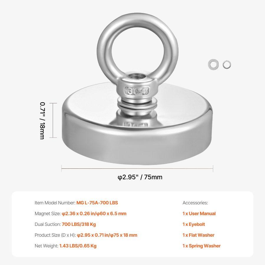 VEVOR Fishing Magnet, 700 LBS/318 Kg Pulling Force Super Strong Neodymium Fishing Magnet, Rare Earth Magnet with Handle Diameter 2.36 in/60 mm for Retrieving in River, Magnetic Fishing, Heavy Hanging
