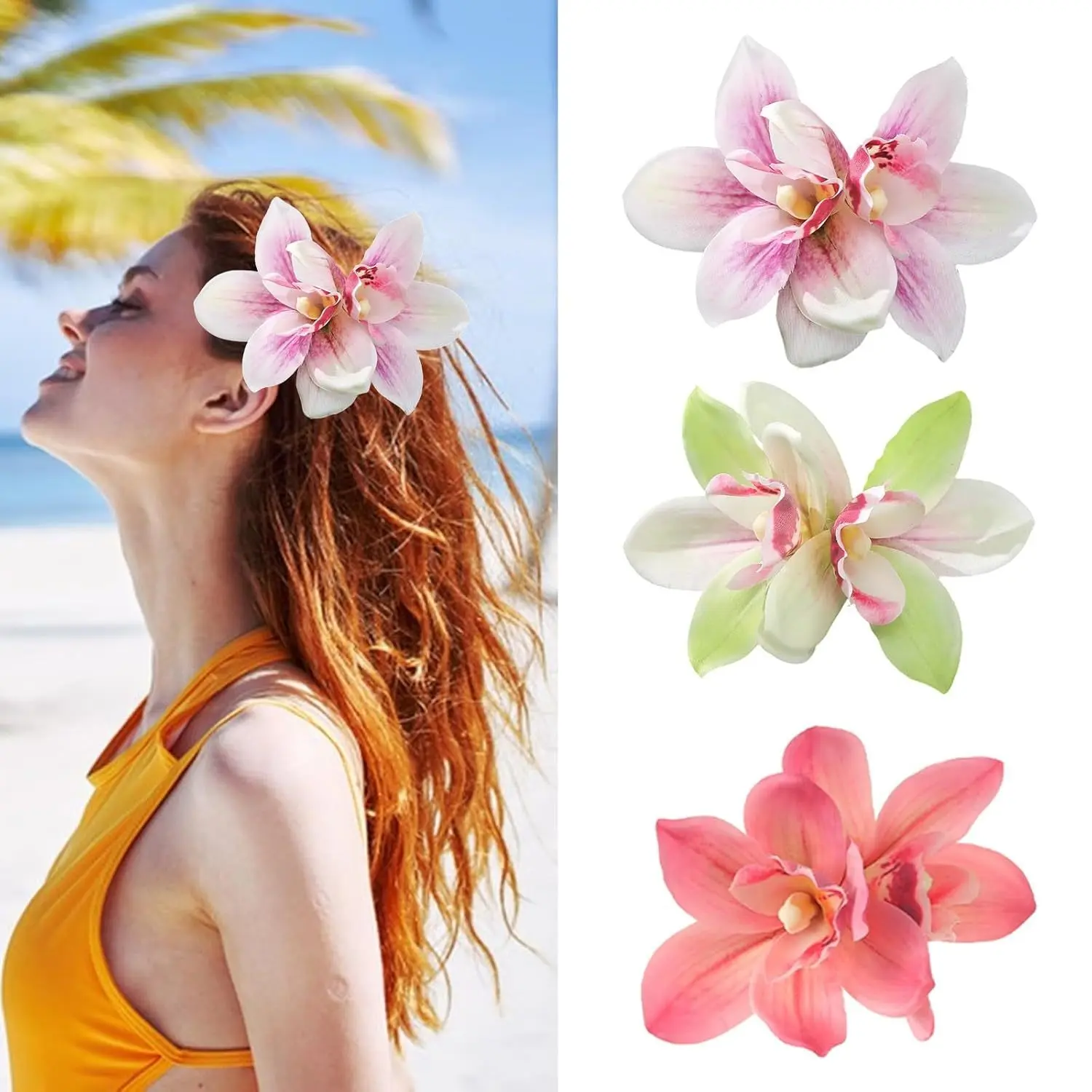 Women's Large Artificial Hawaiian Orchid Lily Hair Accessories Pack - Alligator Clip, Flower Decorations, Bouquet, Decorative Claw Clip, Floral Charm Styles for Summer Beach Luau Parties, Flower Decorations Hair Pins, Bouquet Hair Pins