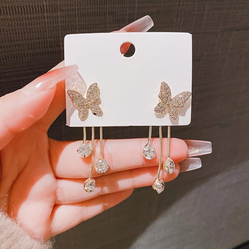 New Fashion Rhinestone Inlaid High-end Butterfly Earrings, Two Pairs of Sweet and Fresh Tassel Style Shiny Women's Earrings
