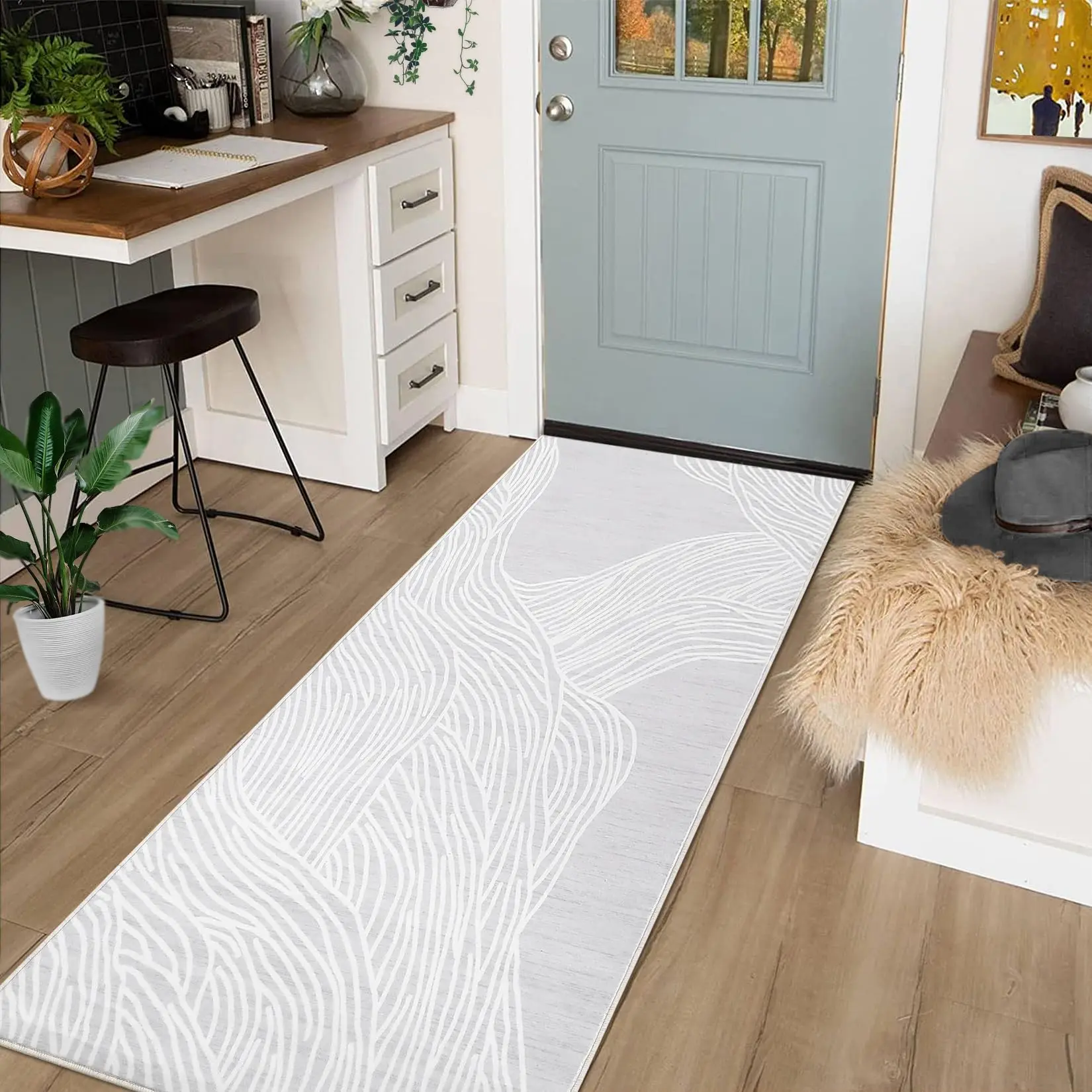 Garvee Runner Rug 2x6 for Entryway Non-Slip Low Pile Modern Abstract Striped Rugs Machine Washable Contemporary High Traffic Stain-Resistant Kitchen Area Rug for Laundry Room Hallway Bedroom Grey