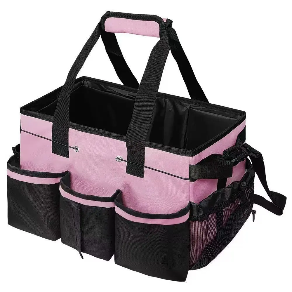 Cleaning supplies storage bag, a cleaning organizer bag with removable dividers, built-in sturdy support panels, and equipped with adjustable handles and shoulder straps