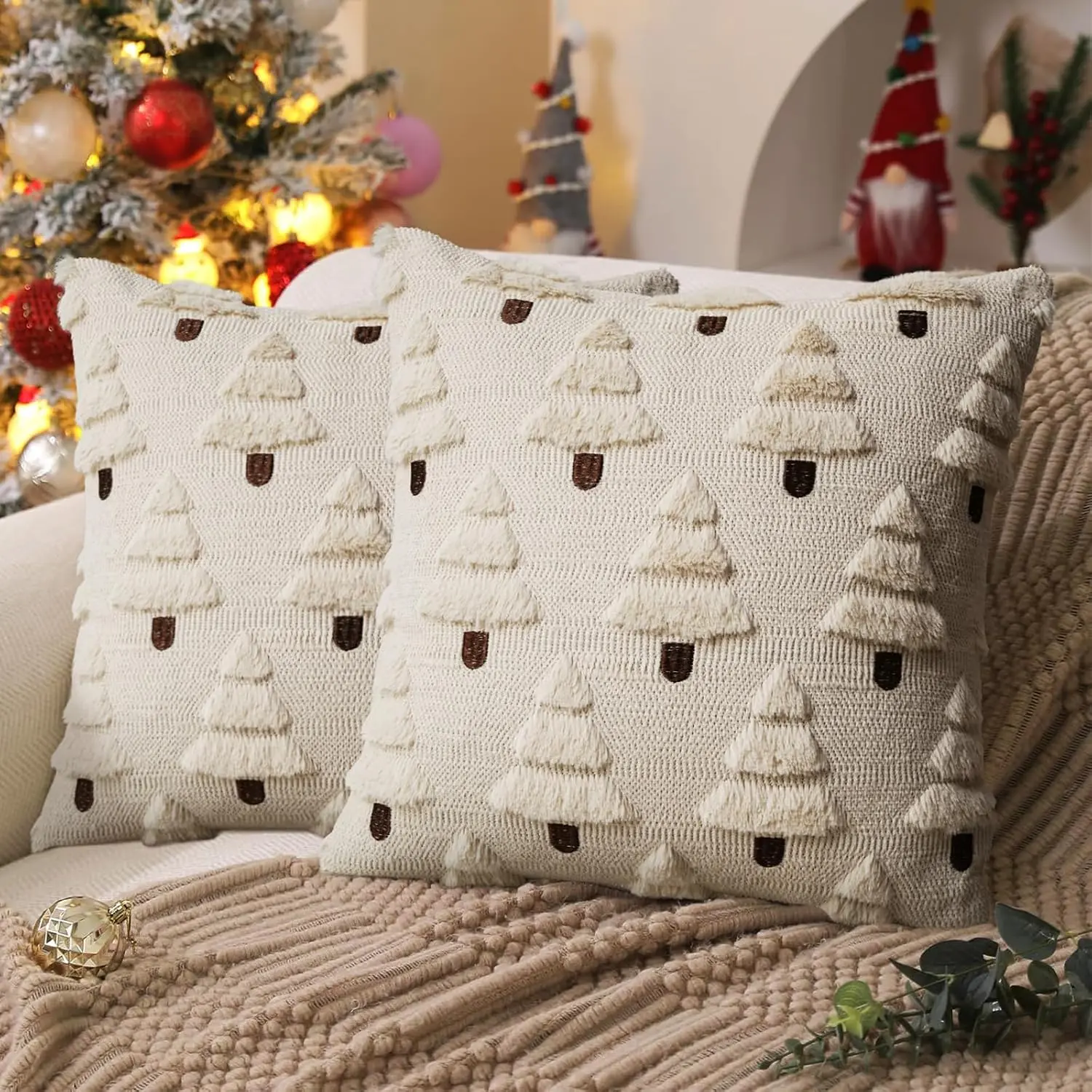 2 Pack Christmas Throw Pillow Covers,  Sherpa Tree Embroidery Decorative Pillowcases with  Zipper, 18x18 Inch Soft Holiday Couch Bed Cushion Covers for Winter Xmas Decor, Beige