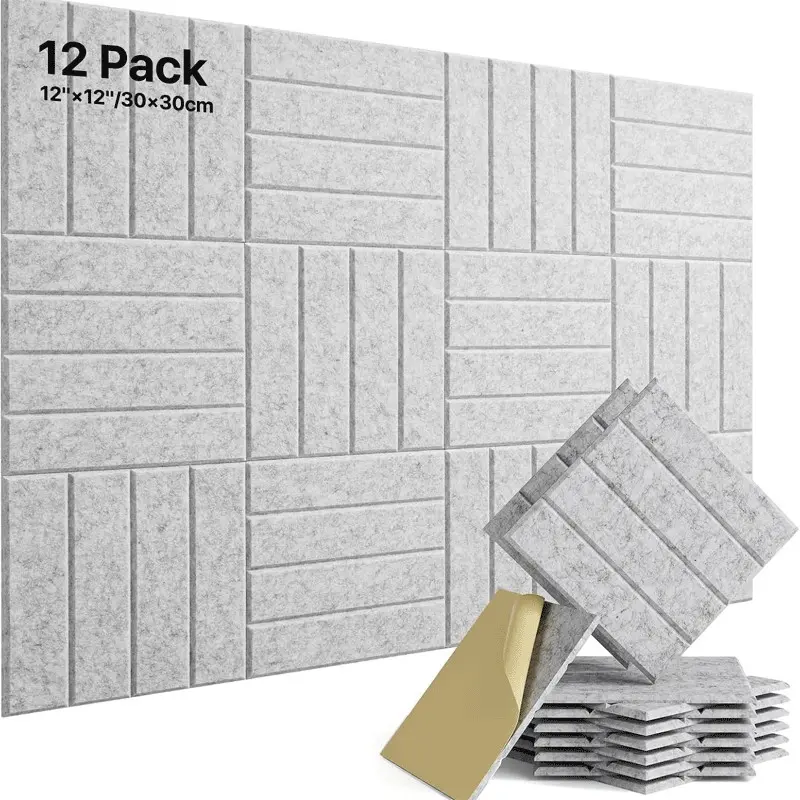12 Pack Black white gray Self-adhesive Acoustic Foam Panels Wall Paneling, Popular Soundproof Wall Foam High Density Felt Tile, Noise Reducing Echo Removal Decor for Wall Door Ceiling Home Office, 30.48×30.48×1.02cm