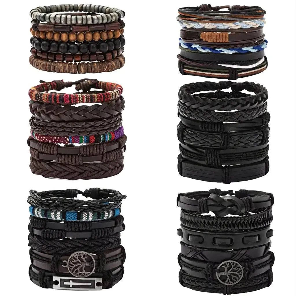 36pcs Tribal Ethnic Wrap Cuff Bracelet Set, Genuine Leather & Wood Woven Braid Jewelry with Tree of Life, Adjustable Unisex Fit for Everyday Wear, 100% Handmade