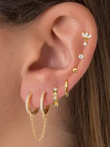 6Pcs Perfect 24K Gold Plated Cubic Zirconia Chain Double Hoop Earrings Set For Women Zircon Drop Dangle Earrings Pack Flower Stud Earrings Stack