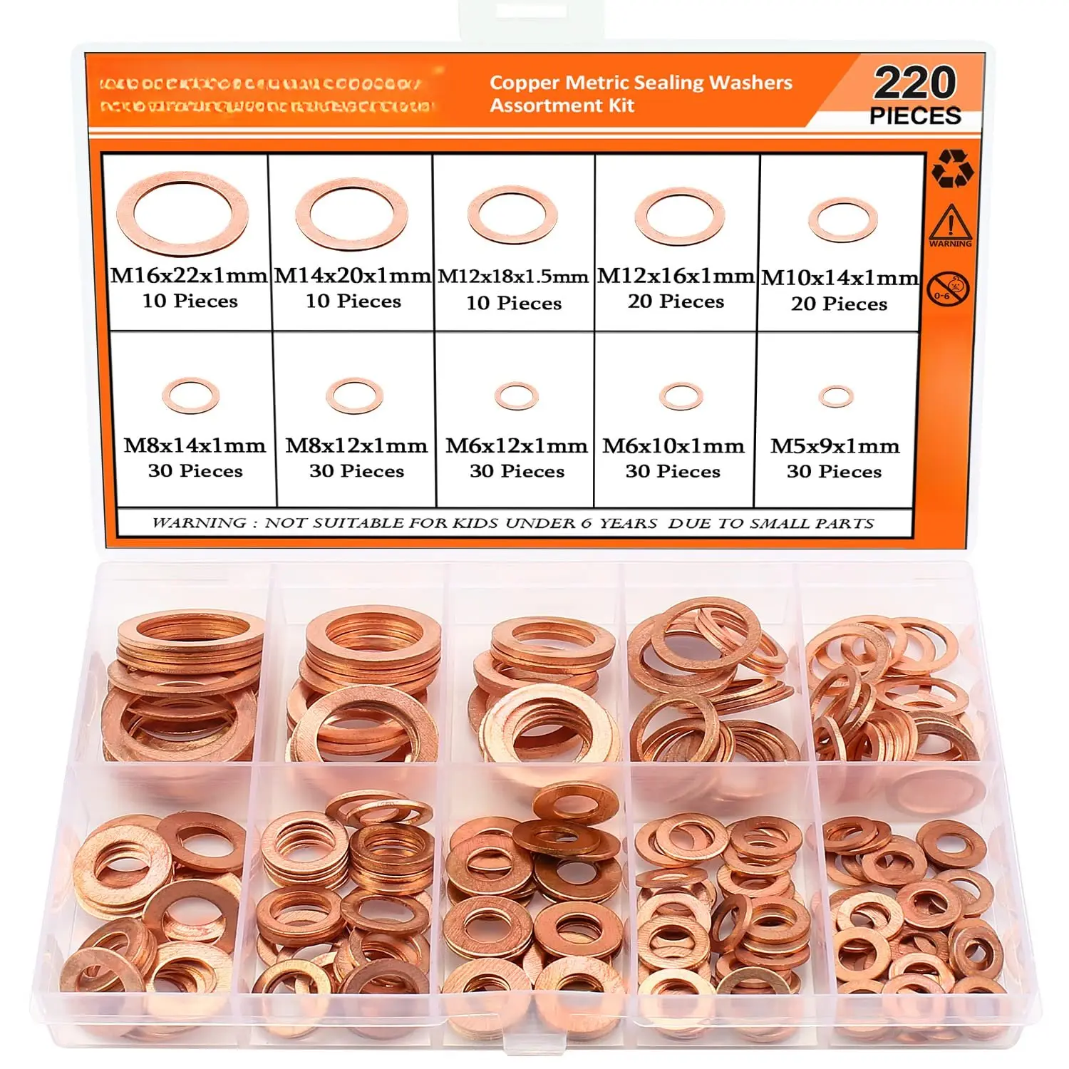 220 count Copper Washers,  10 Sizes Copper Metric Sealing Washers, Flat Washers  Kit (M5 M6 M8 M10 M12 M14 M16)
