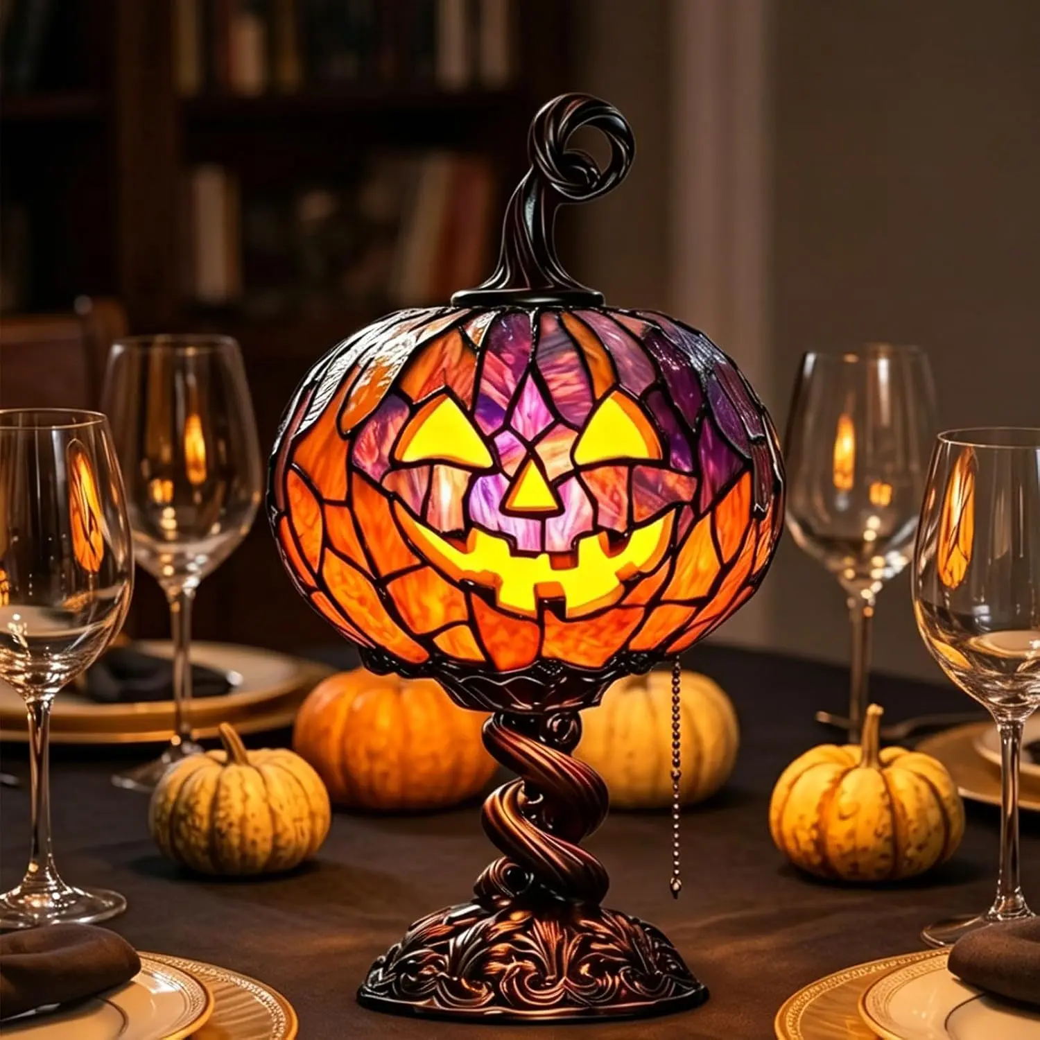 Halloween Christmas Stained Glass Pumpkin Table Lamp, Vintage Tiffany Style Jack O Lantern Pumpkin Night Light, Retro Decorative Desk Lamp for Holiday Party Home Bedroom Dining Table Ornament Gift