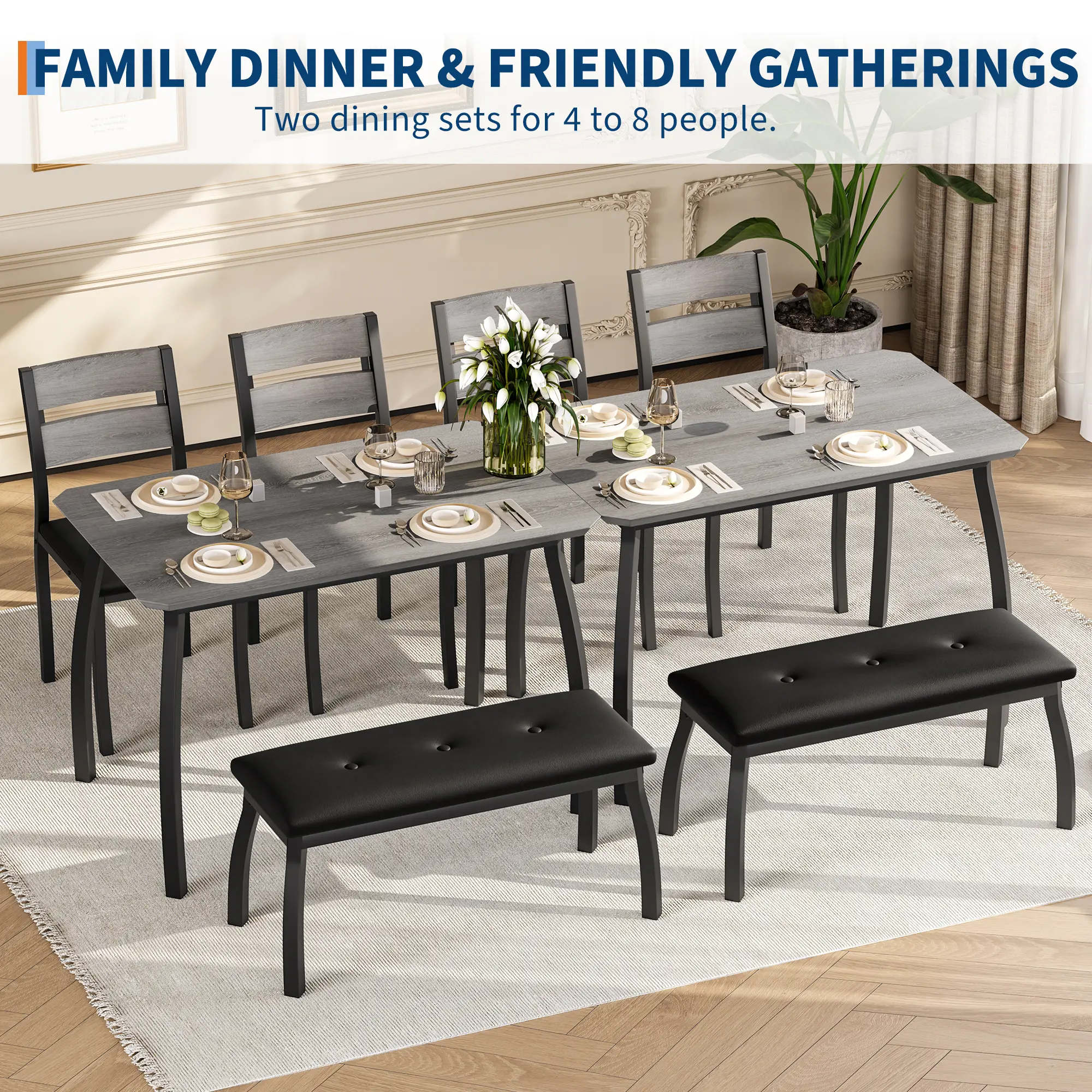 Garvee Space-Saving 43" Dining Table Set for 4 – Modern Farmhouse Furniture – Includes Upholstered Bench & 2 Chairs – Compact Wooden Table for Small Dining Room, Apartment, Restaurant, Gray