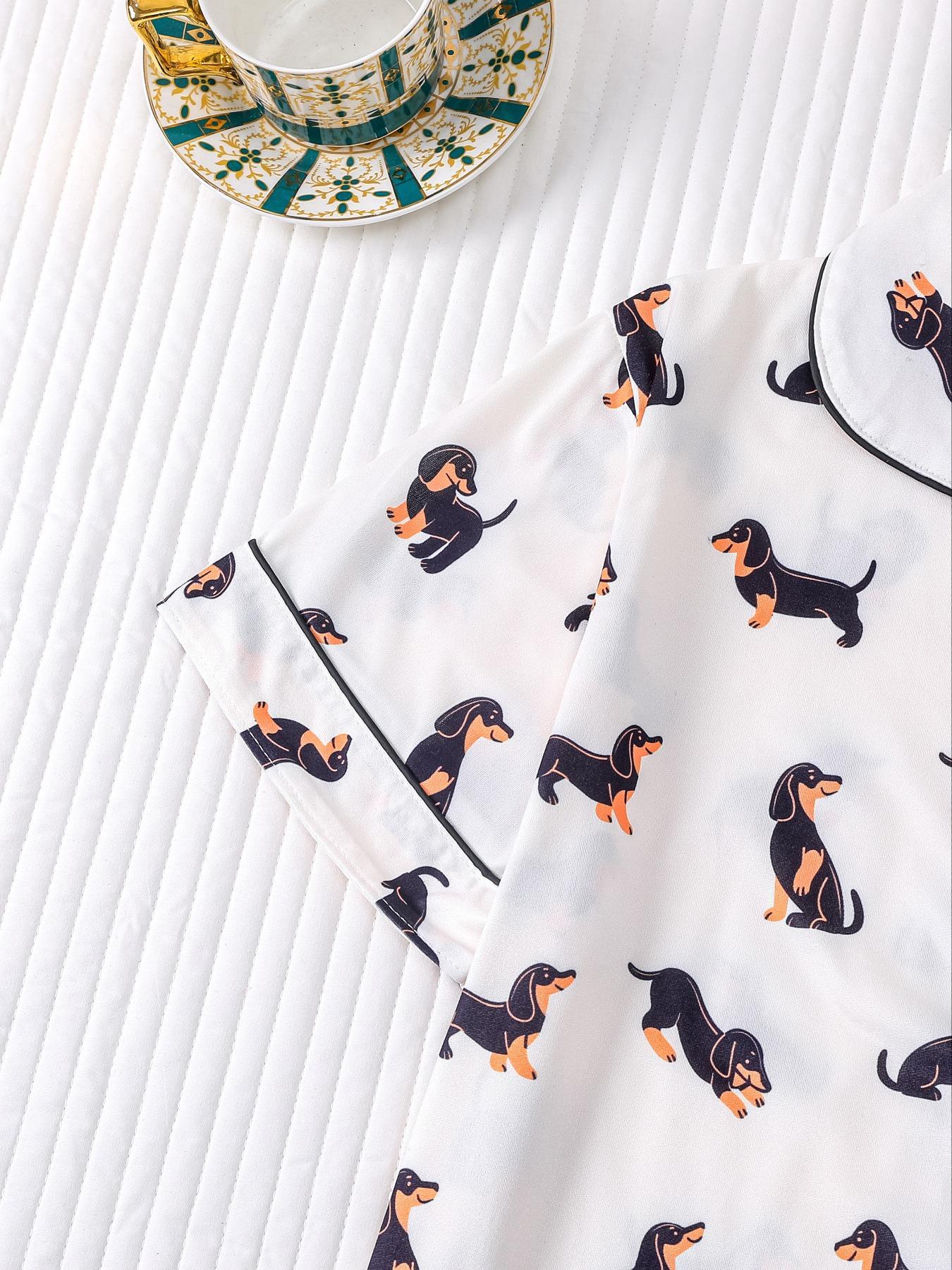 Women's Dachshund Print Shirt & Elastic Waist Shorts Pajama Two-piece Set, Casual Comfy Short Sleeve Top & Shorts Loungewear Set, Ladies Sleepwear for Summer, Womenswear