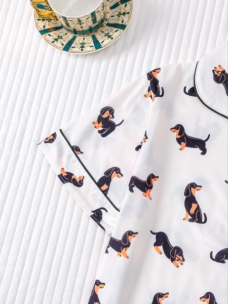 Women's Dachshund Print Shirt & Elastic Waist Shorts Pajama Two-piece Set, Casual Comfy Short Sleeve Top & Shorts Loungewear Set, Ladies Sleepwear for Summer, Womenswear