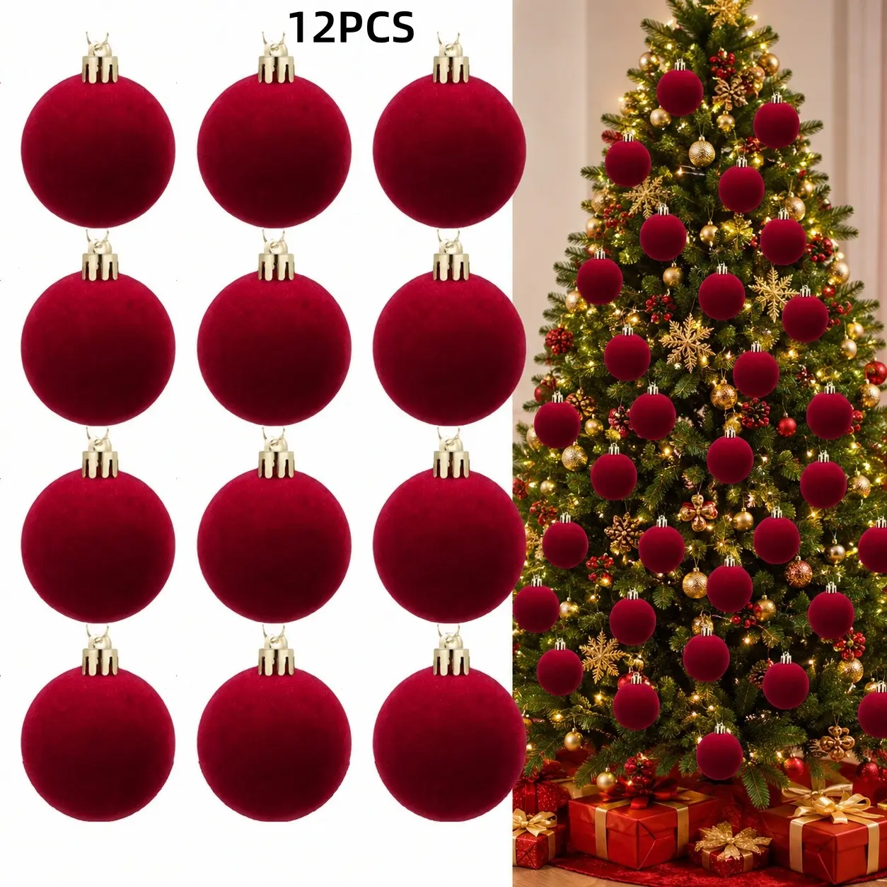 12 Wine Velvet Christmas Ornaments, Shatterproof Flocked Tree Baubles with Hooks, Ideal for Holiday Parties, Home Decor, Weddings, Christmas Decorations