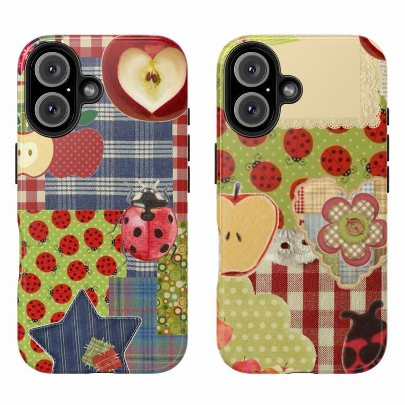 Cottagecore Patchwork Phone Case – Cute Ladybug Phone Cover  -Durable, Shock Absorbing and Stylish Protection -Compatible with iPhone 17,16, 15, 14, 13, 12, 11, Plus, Pro,Pro Max, Perfect birthday gift for friends.