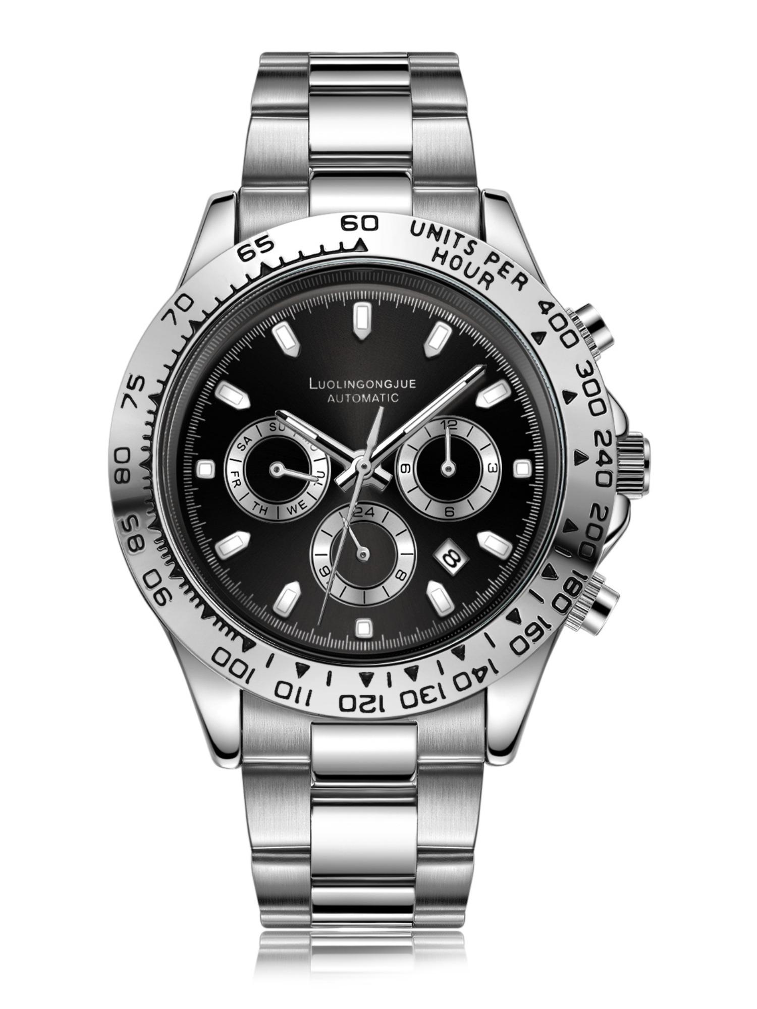 Multi-Function Chronograph Mechanical Watch for Men, Skeleton Stainless Steel Automatic Self-Winding Timepiece with Month, Date, Day, and 24-Hour Display – Luxury Gift for Business & Fashion