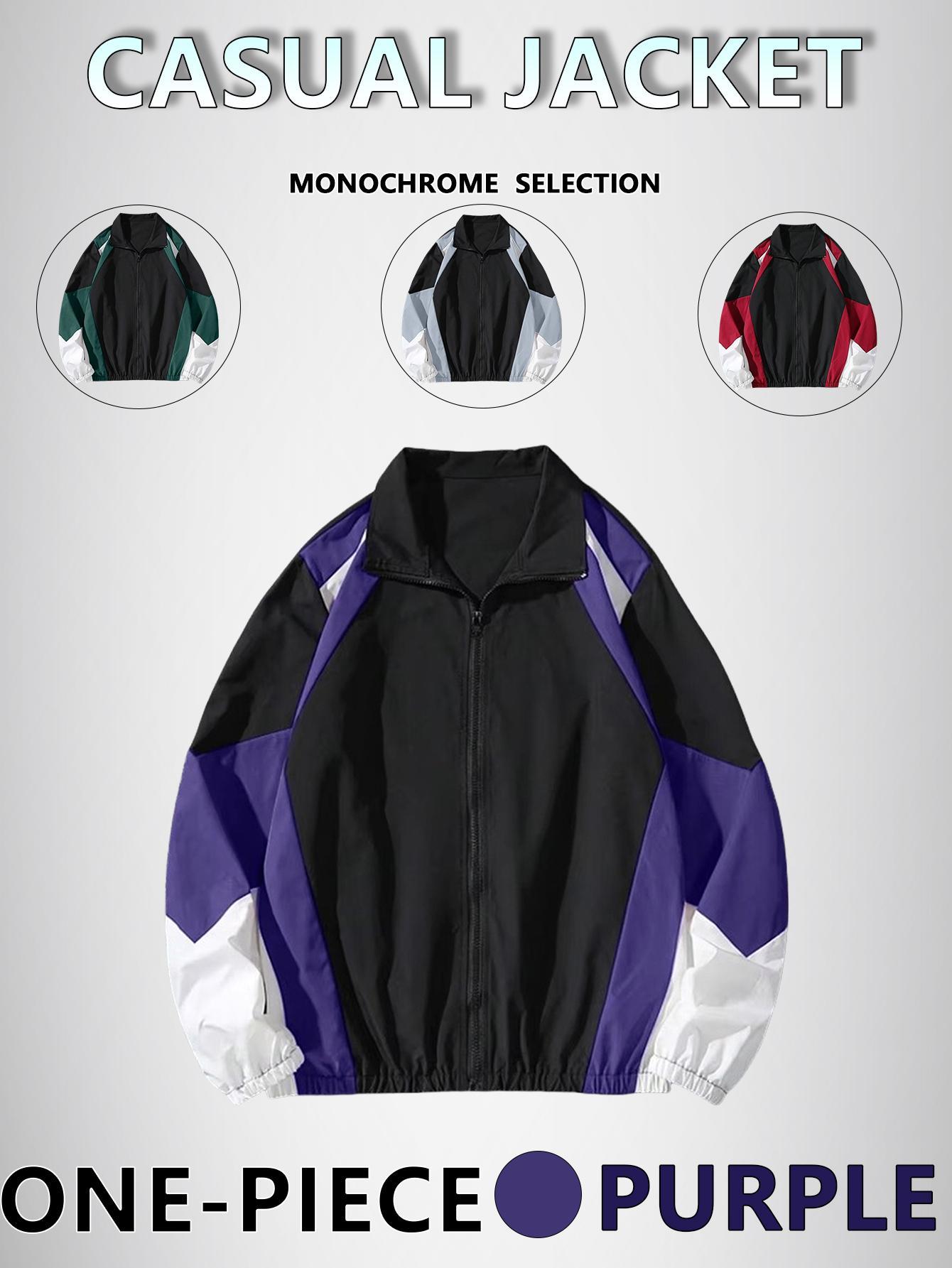 Men's Splicing Color Zip Jacket Regular Fit Casual Long Sleeve Polyester Coats Tops with Zipper for Fall Winter Daily Wear fall,outfits Menswear fits  streetwear