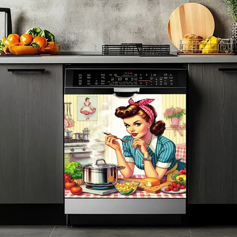 2D Flat 2Pcs Retro Vintage Pin Up Girl Kitchen Dishwasher Cover Sticker Decorative Vinyl Appliance Decal Waterproof Self-Adhesive Art Design for Renovation Home Decor Laundry Room Fridge Refrigerator Cabinet Suitable Household Use