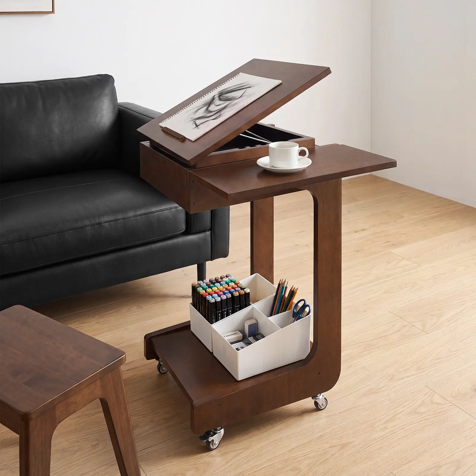 ARCH Solid Wood C-Shaped End Table with 360° Adjustable & Foldable Desktop, Rolling Side Table with Laptop Stand & Foldable Shelf for Couch, Living Room, Bedroom, Office, Walnut, Walnut Color Options, Solid Wood Material, Classic Style