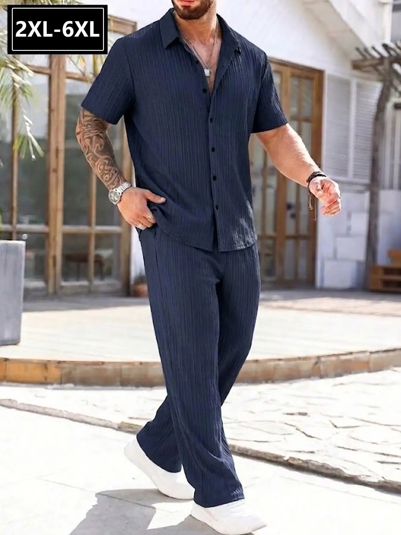 Men's Plus Size 2xl-6xl Striped Two-Piece Set Casual, Collared Short Sleeve Shirt + Wide Leg Pants, Wrinkle-Resistant Breathable Fabric, Clothes