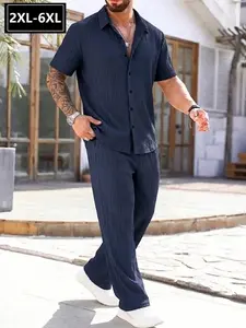 Men's Plus Size 2xl-6xl Striped Two-Piece Set, Collared Short Sleeve Shirt + Wide Leg Pants, Wrinkle-Resistant Breathable Fabric
