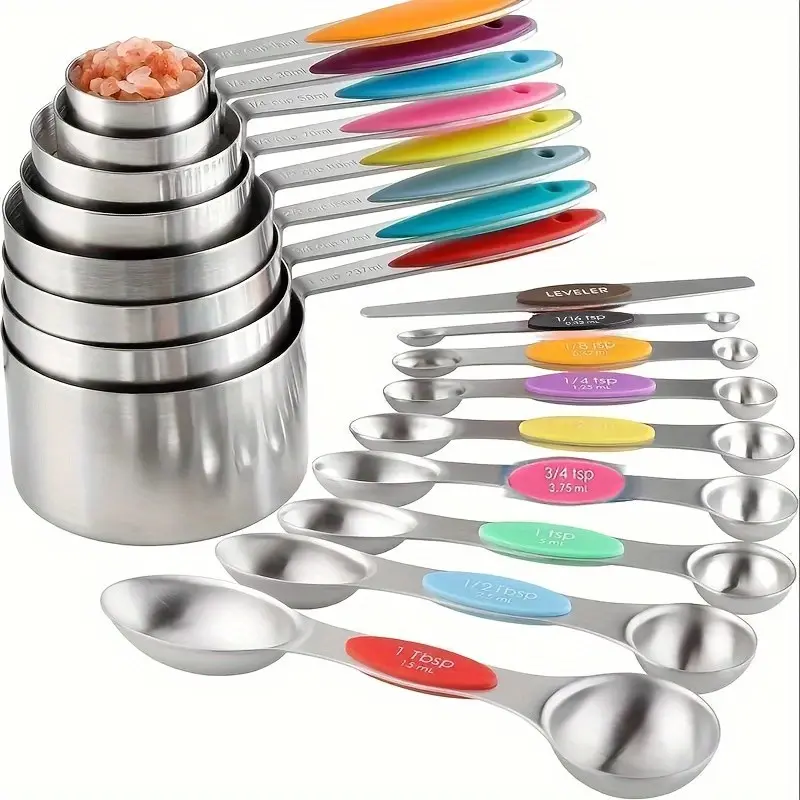 17 Piece Stainless Steel Measuring Cups and Spoons Set, Colorful Silicone Handles, Baking Tools, Kitchen Accessories, Measuring Utensils