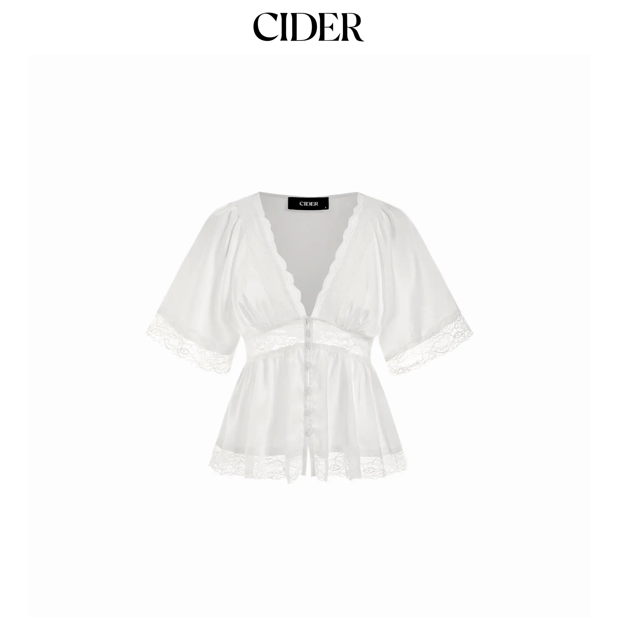 Cider Satin V-Neck Lace Panel Ruffle Sleeve Blouse