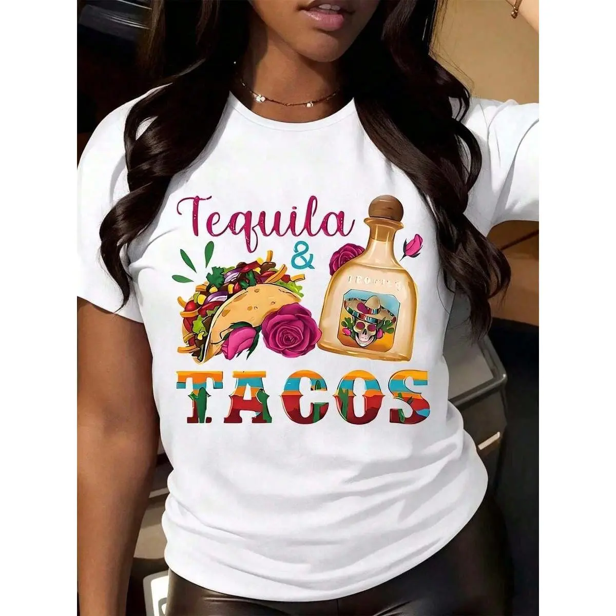 Tequila And Tacos Mexican Food Party Shirt Women Casual Summer Top Fiesta Theme Graphic Tee With Rose And Bottle Design Y2K Streetwear