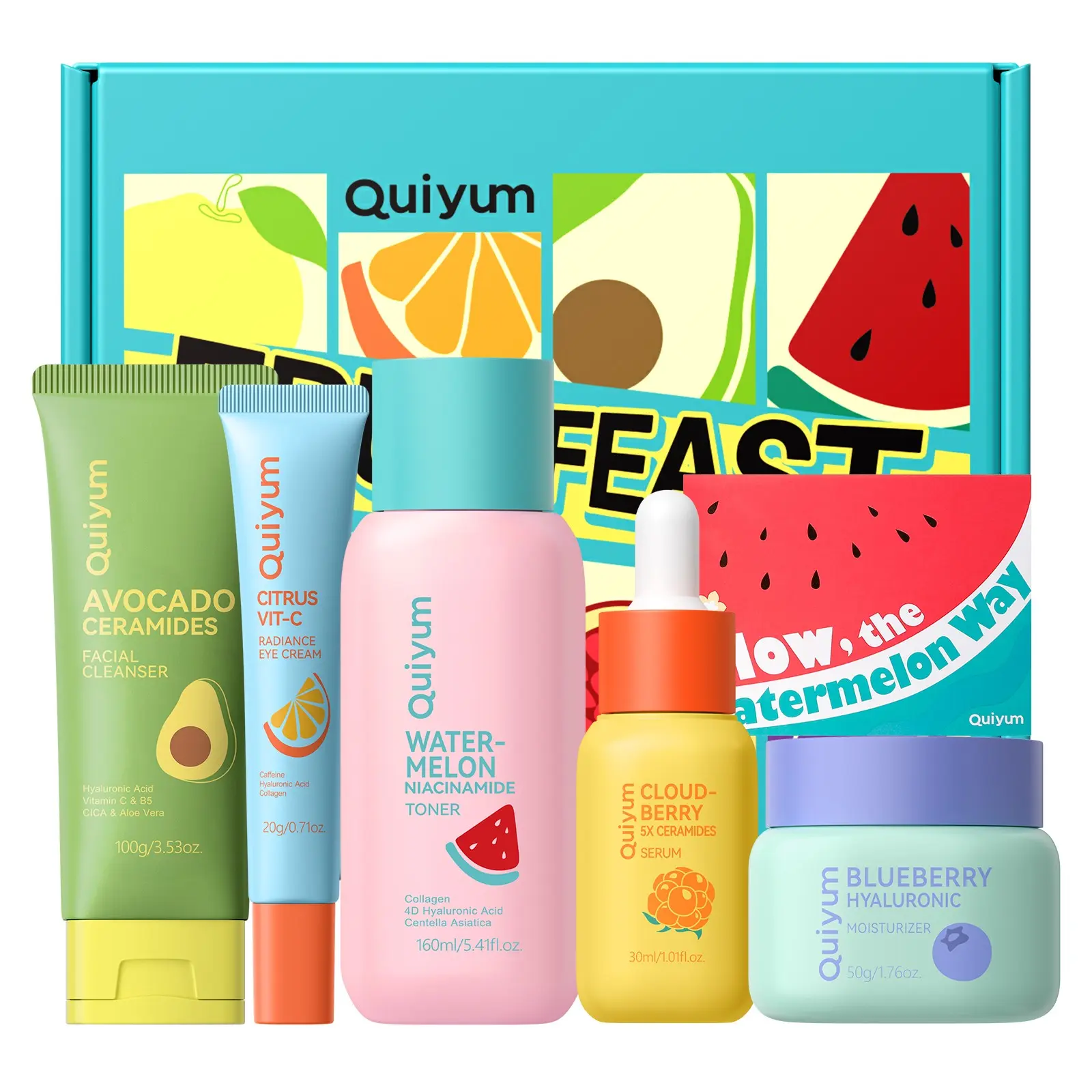 QUIYUM Fruit Skincare for Teens, 5 Daily Routine Beauty Skin Care Sets Face Set - Exfoliating, Smooth, Clean, Oil Control, Firm, Hydrating, Glow Up, Facial Skincare Gift Set for Girls, Glowing Skin Kit, Moisturizing Exfoliating Set
