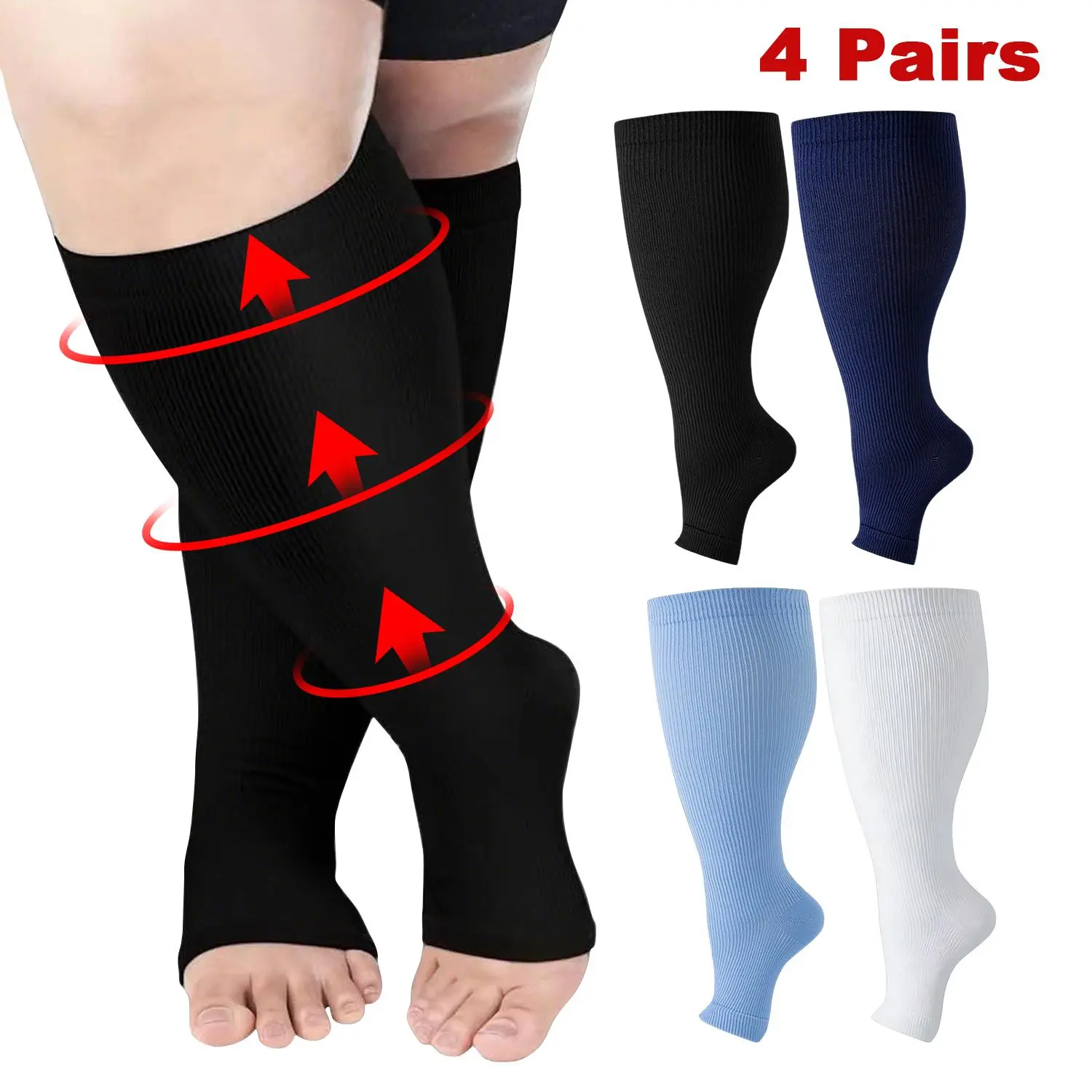 4 Pairs Plus Size Knee-High Open Toe for Wide Calves, 15-20mmHg Graduated Support for Edema, Varicose Veins - Ideal for Pregnant Women, Walking, Back to School, Basic, Elasticity Sports Socks, Sporty Sports Socks, Compression Sports Socks