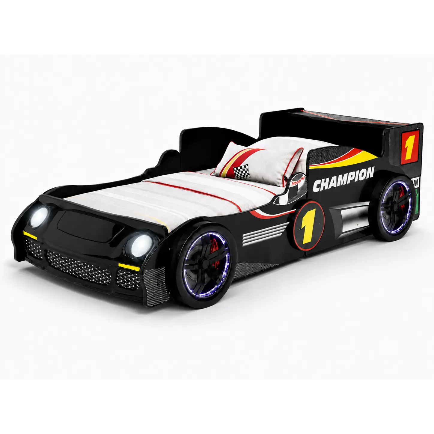 ARCH Racing Theme Kids' Bed Frame, Standard Twin Size Speedster Formula Race Car Design with LED Wheel Lights, Carbon-Fiber-Look Details, Matte Black Particle Board, Low Profile Bed, 13-Slat Support, No Box Spring Needed, for Boys' Bedrooms