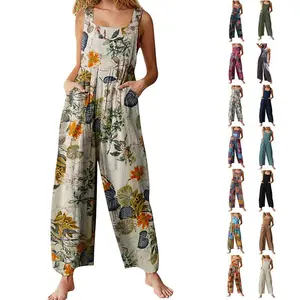 Naeduo Women's Floral Print Jumpsuit Loose Bohemian Wide Leg Bib Overall Patchwork Dual Pocket Trousers Womenswear Ethnic Aztec Floral Printed