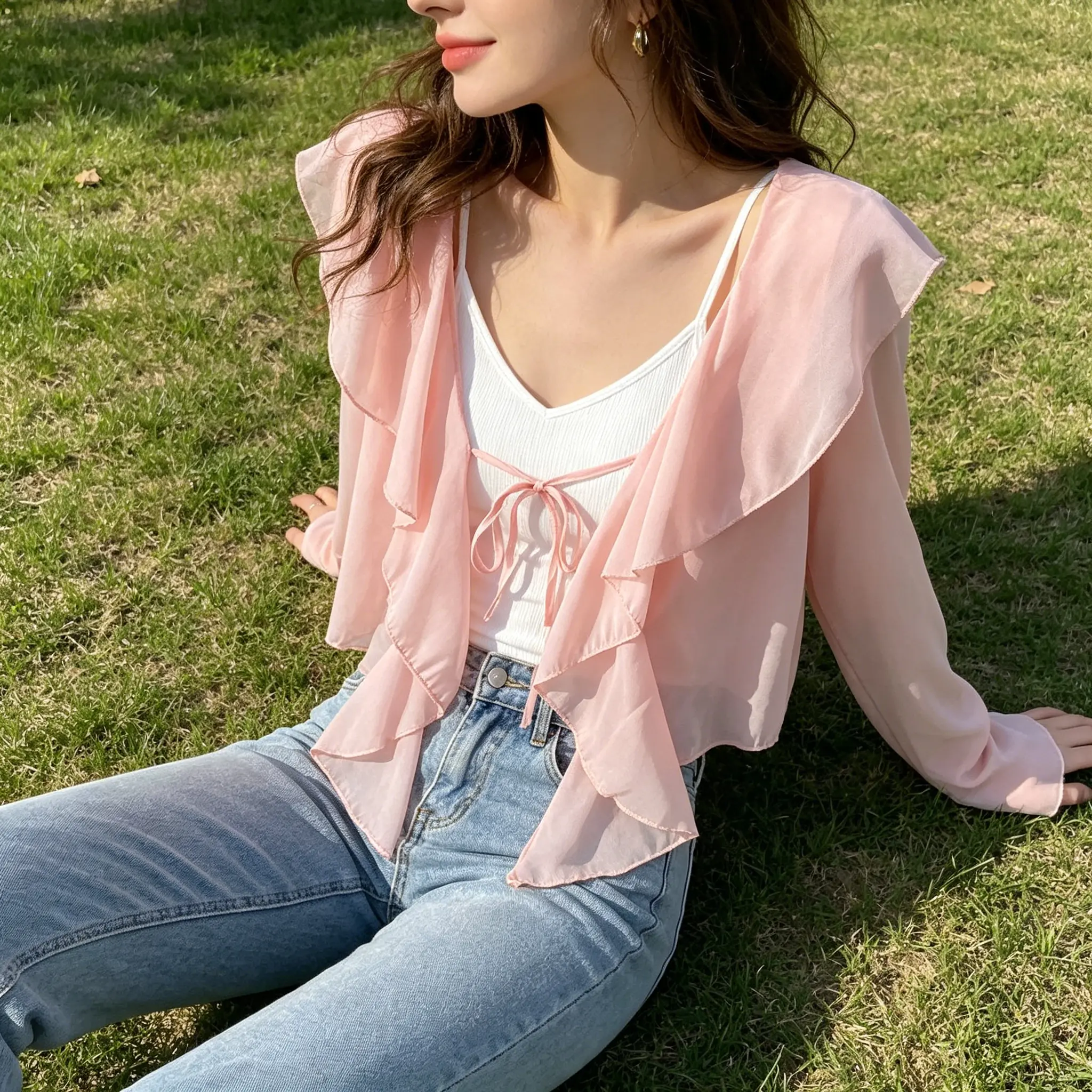 Women's Plus Size Feminine Sheer Ruffled Chiffon Sun Protection Cardigan - Summer Long-Sleeve Air-Conditioning Open-Front Loose Doll-Style Outerwear for Curvy Ladies, Matching Tank Tops & Sheer Tops, Lady, Elegant, Lightweight, Fabric, Fits, Soft, Uv Prot