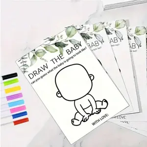 Eucalyptus Draw The Baby Game Cards Set with Color Pens, Greenery Baby Shower Drawing Game Supplies, Funny Guess Baby Appearance Activity Kit for Gender Reveal Party, Neutral Boy Girl Newborn Celebration & Baby Shower Party Favor Decorations