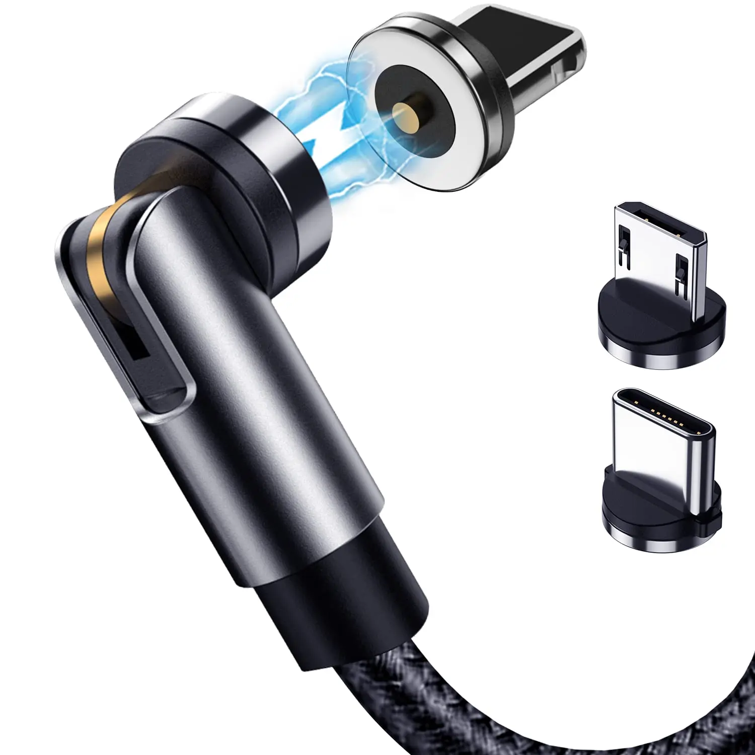 5-Pack Magnetic USB Charging Cables (3/3/6/6/10FT) - 540° Rotating Smartphone/Mobile Charger with LED Light, 90° Angle Connector, Nylon-Braided Cords, Multi-Device Fast Charging, Safe for Driving (Black)
