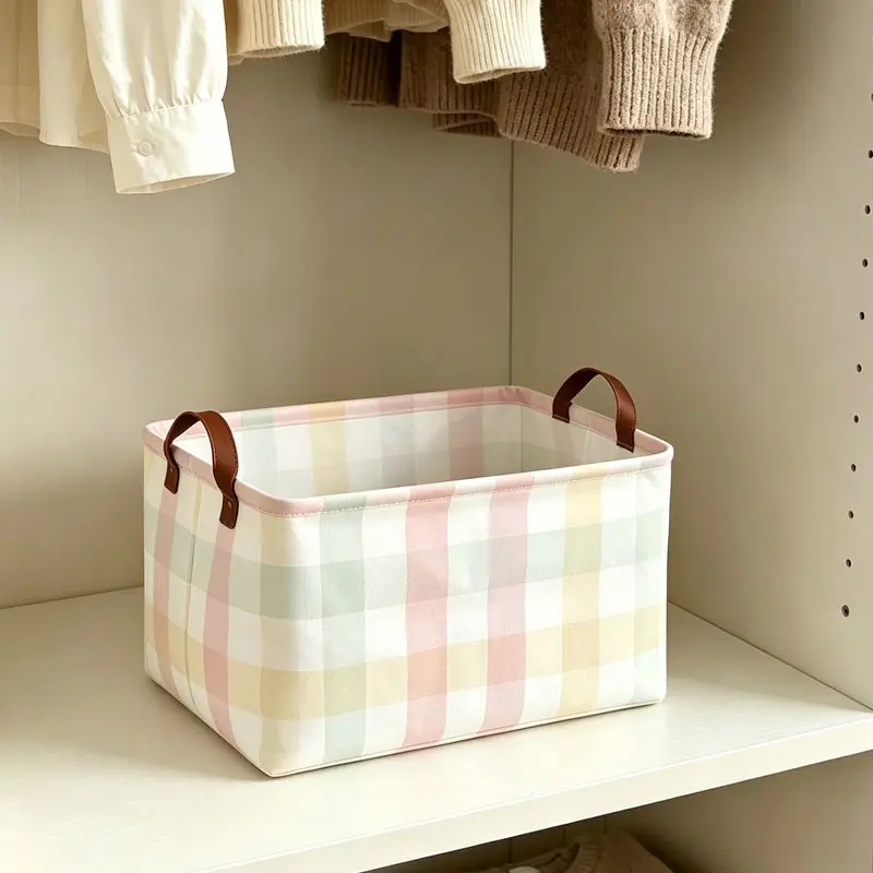 Canvas Decorative Storage Basket Stackable Cosmetics Storage Basket & Desk Organizer, Storage for Organizing Desktop bin for Snacks & Home Decor Bedroom Living Room Vanity Bathroom Grid Print Sundries Basket Laundry Basket Home Item Storage Basket