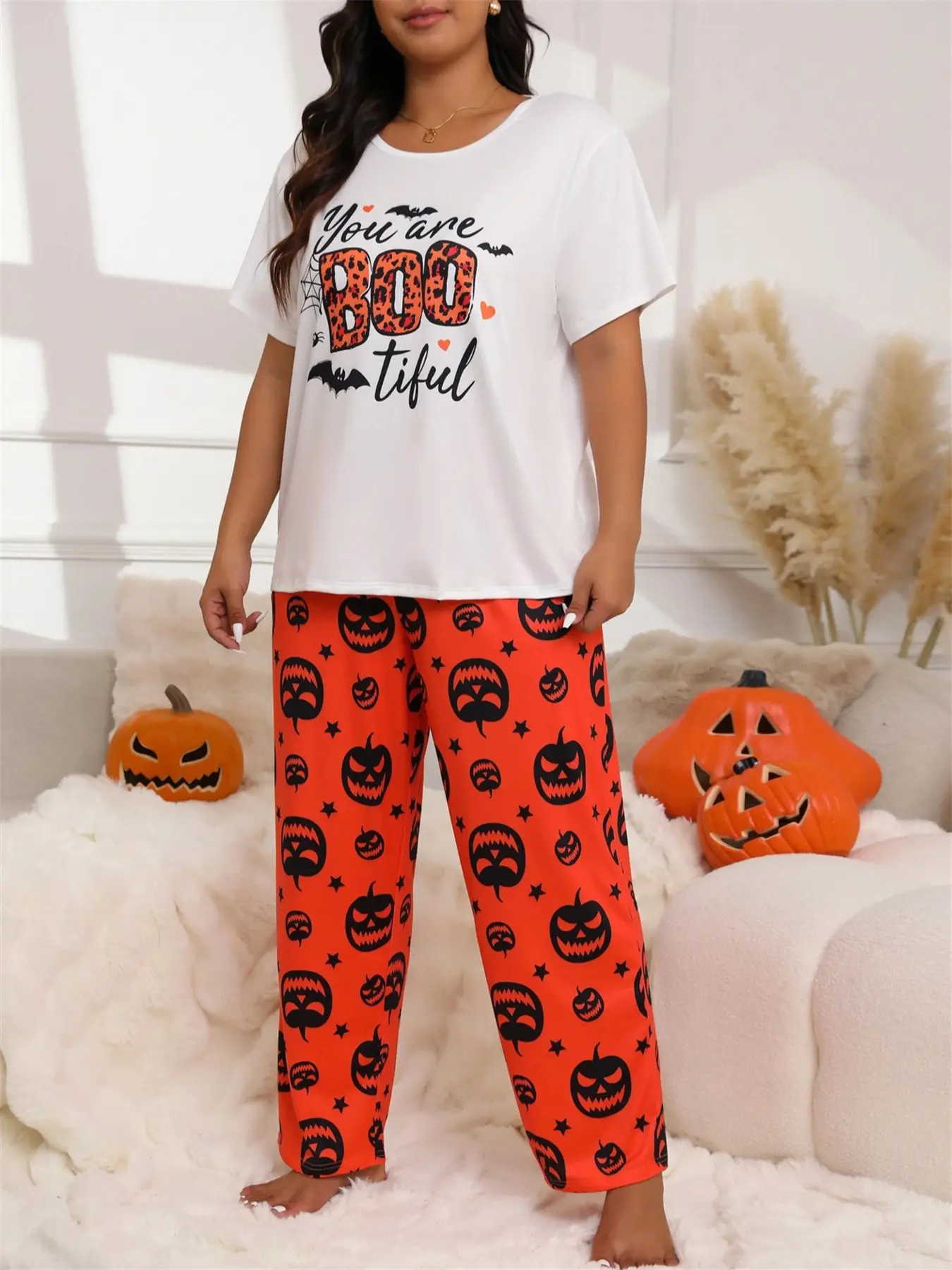 Halloween Pumpkin Bat Short Sleeve Pajama Set for Plus Size Women, Top Bottom, Wide Leg Pants, Home Wear Two-Piece Set, Cute Loungewear