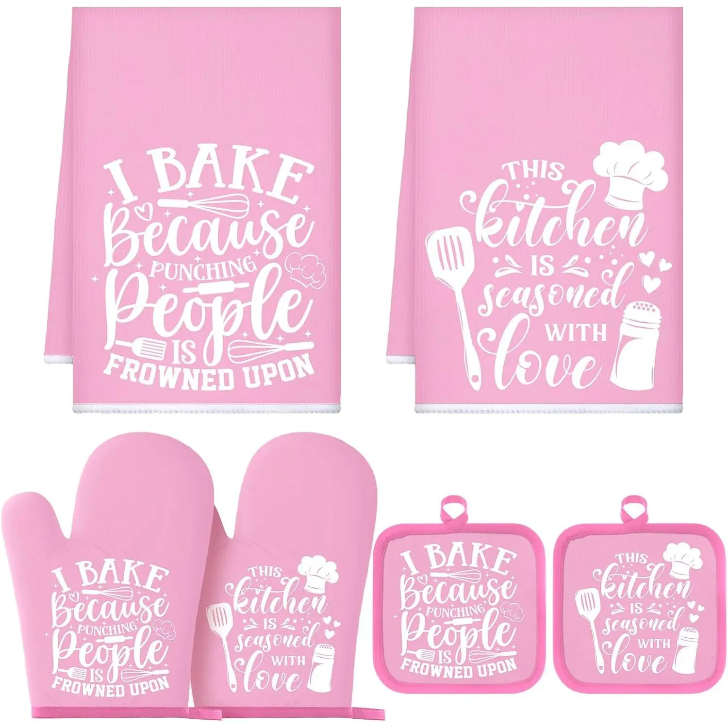 6 Pcs Farmhouse Kitchen Decor Accessories Set, Includes 2 Dish Towels, 2 Pot Holders, 2 Oven Mitts, Heat Resistant Oven Gloves for Cooking & Baking, Light Pink Kitchen Supplies