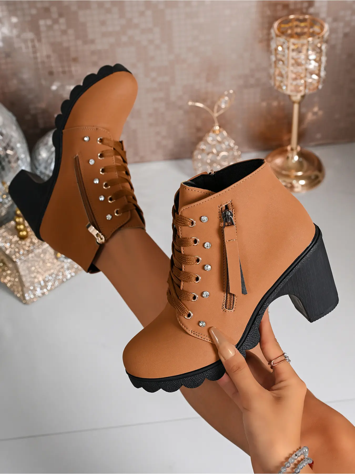 Ladies Rhinestone Lace Up Ankle Boots Faux Suede Side Zipper Block Heel Scalloped Edge Combat Short Boots