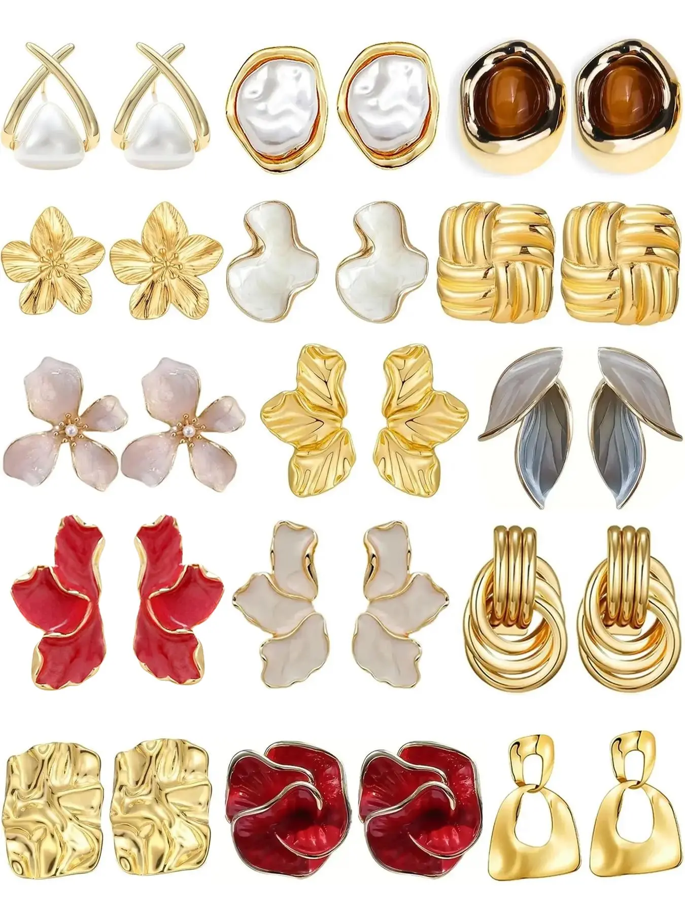 【Black Friday】Women's 15-Pair Gold-Plated Earring Collection with Pearl and Enamel Accents, Hypoallergenic Stud and Dangle Jewelry Set for Earring Stacking, Gift for Her