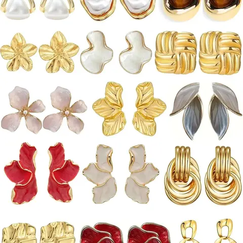 【Black Friday】Women's 15-Pair Gold-Plated Earring Collection with Pearl and Enamel Accents, Hypoallergenic Stud and Dangle Jewelry Set for Earring Stacking, Gift for Her