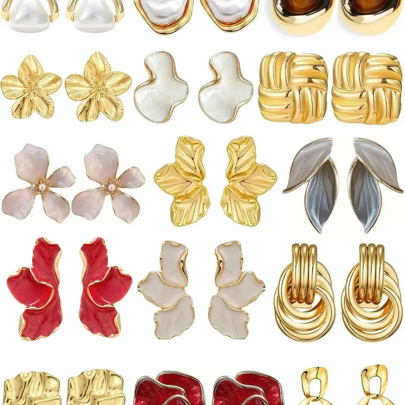 【Black Friday】Women's 15-Pair Gold-Plated Earring Collection with Pearl and Enamel Accents, Hypoallergenic Stud and Dangle Jewelry Set for Earring Stacking, Gift for Her