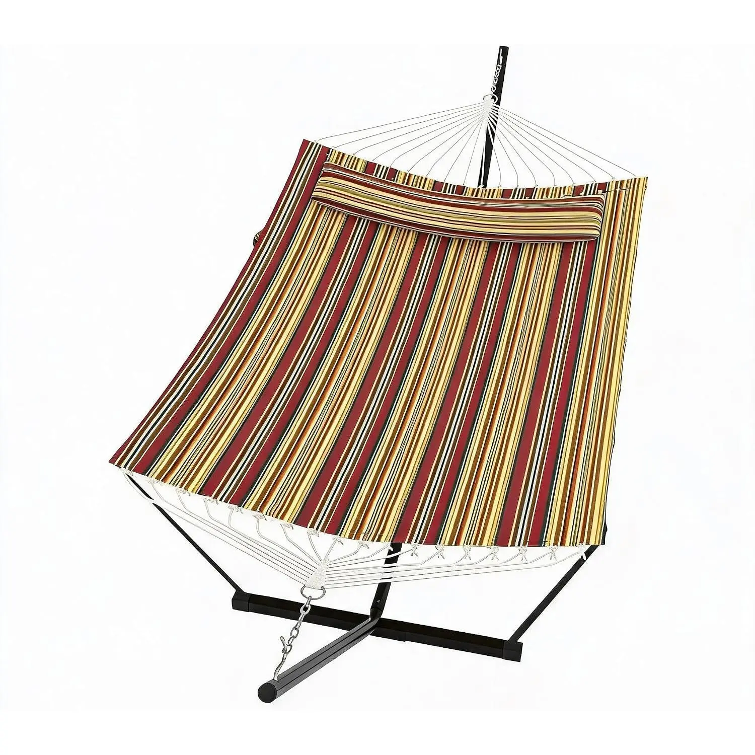 【GARVEE】Double Hammock with Stand for Two Persons – Outdoor Heavy Duty Freestanding Hammock with Pillow and Balance Rope – 450 Lbs Capacity, Easy Assembly – Perfect for Patio and Poolside Relaxation – Red and Yellow Stripe